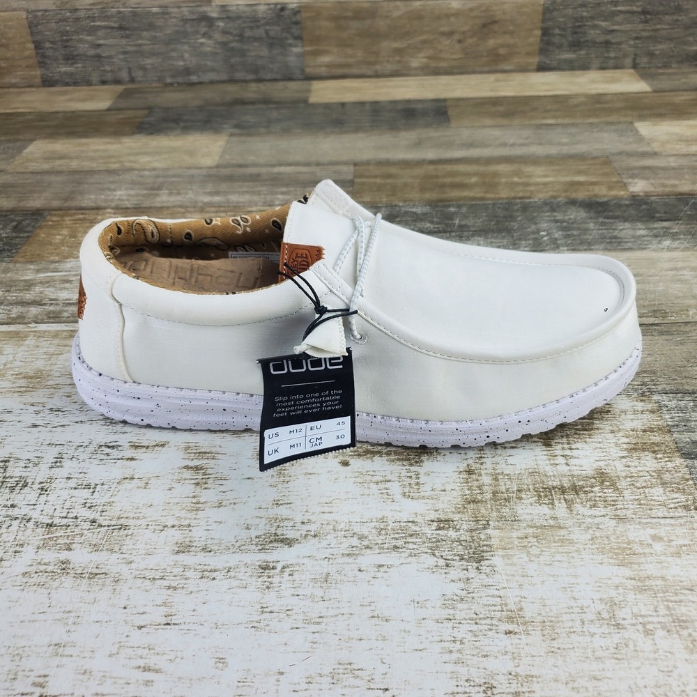 Hey Dude Wally Washed Canvas Mens Loafer Shoes Sz 12 White Slip On Round Toe